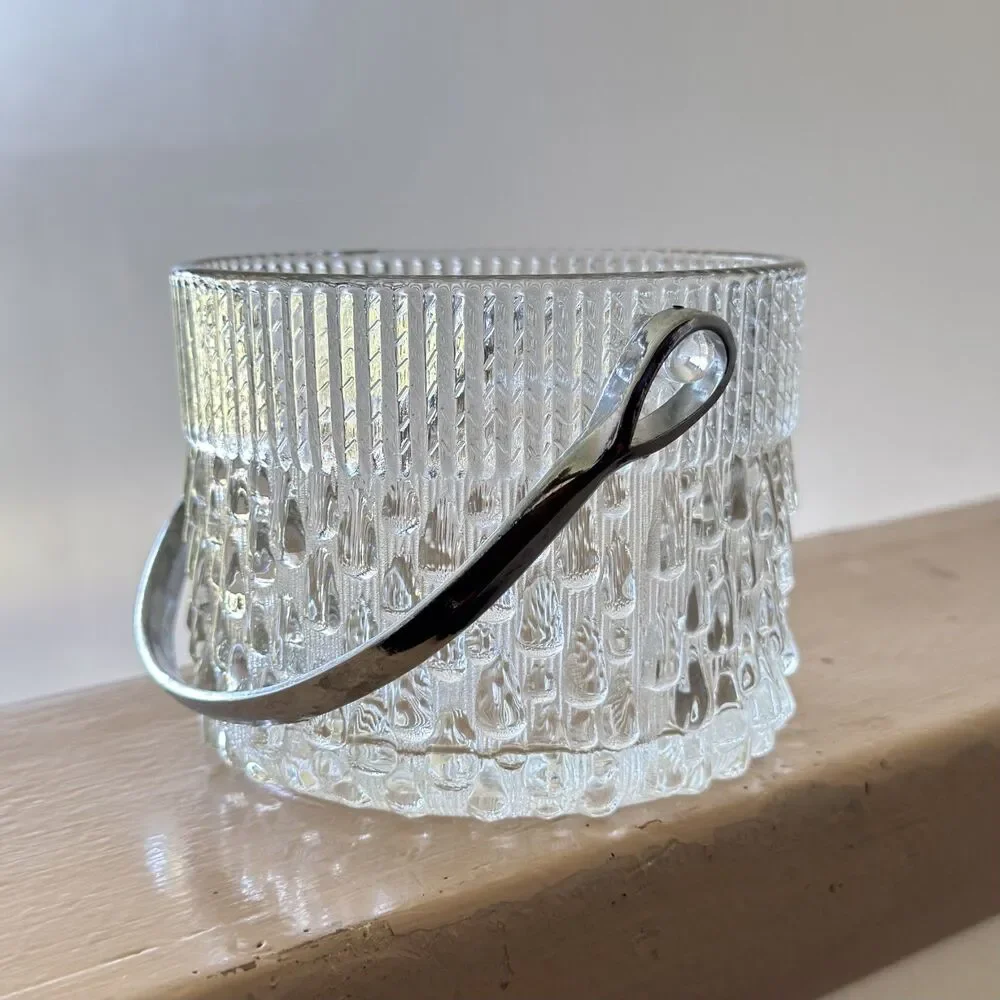 Vintage Teleflora Clear Glass Ice Bucket with Chrome Handle Made in France